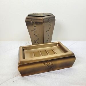 Thomas O'Brien Metal Bronze Soap Dish Toothbrush Holder Set Leaf Detail Bath